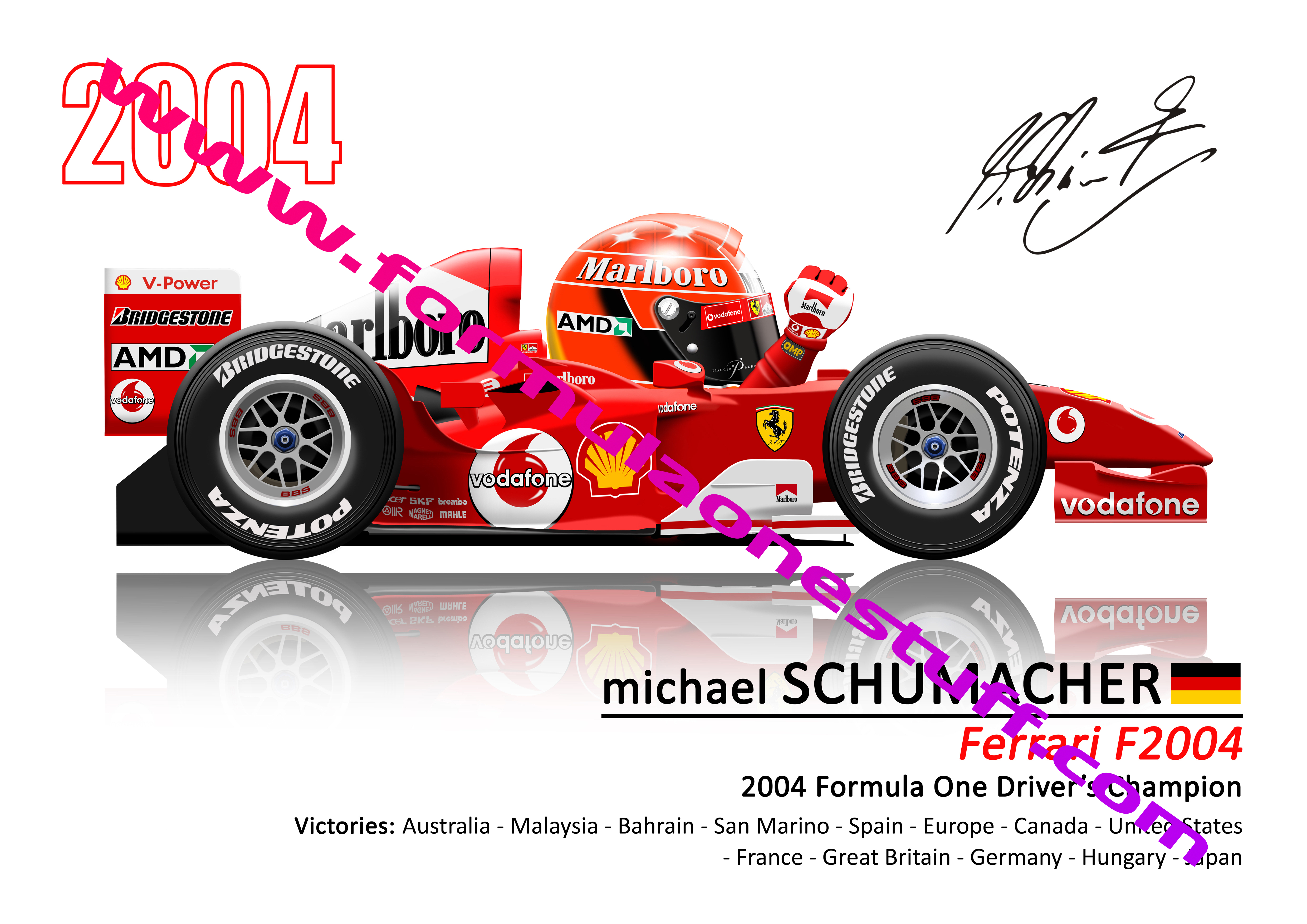 Signed TOONZ Ferrari Michael Schumacher 2004 F1 driver cartoon poster – limited edition A3 satin print